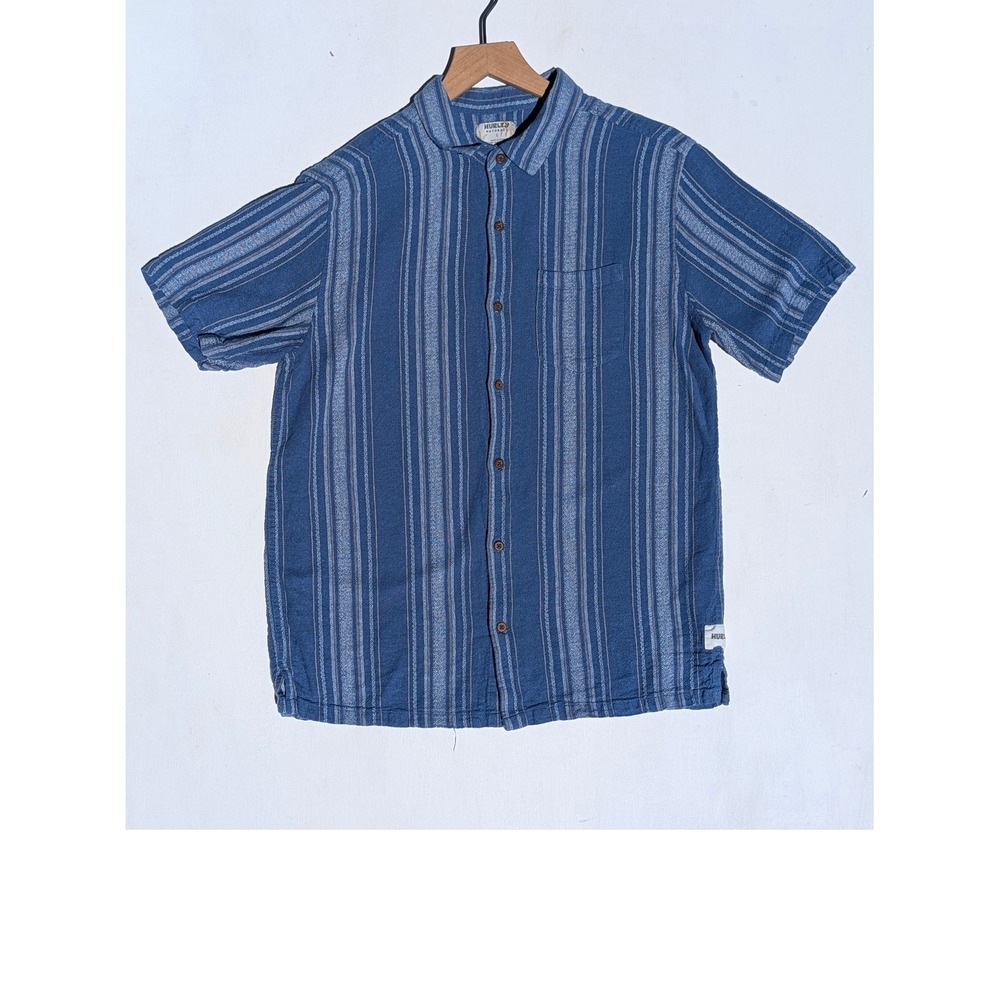 Hurley Naturals Mens Large Blue Striped Short Sleeve Button Up Shirt Pocket